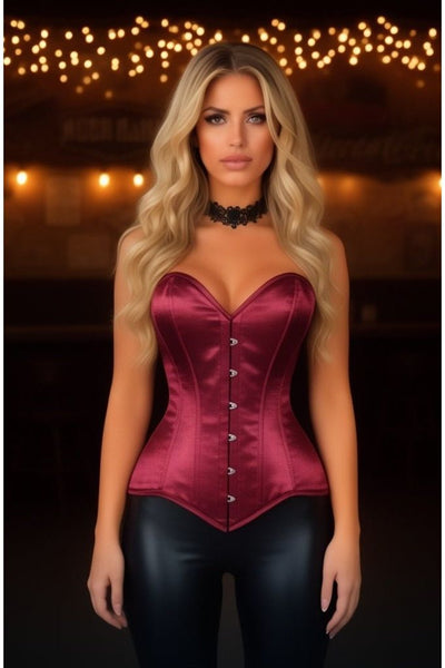 Lavish Dark Red Wine Satin Overbust Corset Sweetheart Neckline Busk Closure - Daisy Corsets