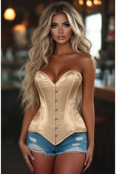 Lavish Gold Satin Overbust Corset Sweetheart Neckline Busk Closure - Daisy Corsets