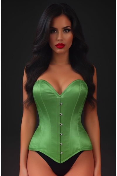 Lavish Green Satin Overbust Corset Sweetheart Neckline Busk Closure - Daisy Corsets