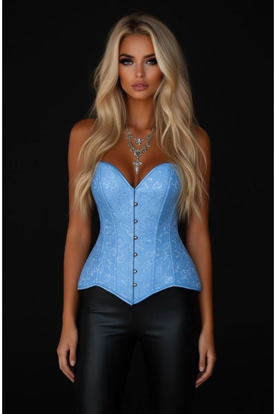 Lavish Lt Blue Brocade Overbust Corset W/Busk Closure - Daisy Corsets