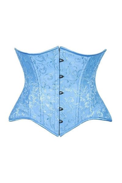 Lavish Lt Blue Brocade Waist Cincher Under Bust Corset w/Front Busk Closure - Daisy Corsets