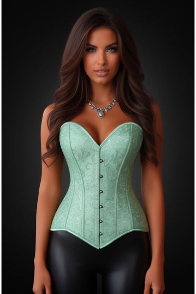 Lavish Mint Green Brocade Overbust Corset W/Busk Closure - Daisy Corsets