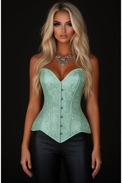 Lavish Mint Green Brocade Overbust Corset W/Busk Closure - Daisy Corsets