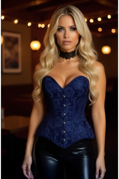 Lavish Navy Blue Lace Overbust Corset Sweetheart Neckline Busk Closure - Daisy Corsets