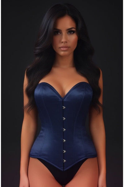 Lavish Navy Blue Satin Overbust Corset Sweetheart Neckline Busk Closure - Daisy Corsets