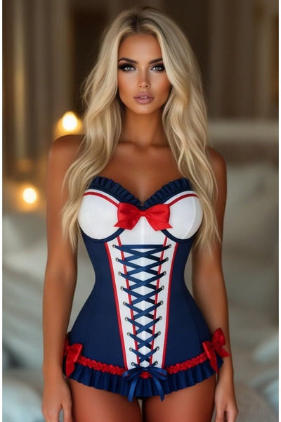 Lavish Navy/Red/White Stretch Lycra Bustier Corset with Underwire Cups - Daisy Corsets