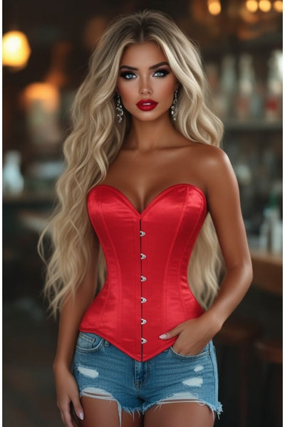 Lavish Red Satin Overbust Corset Sweetheart Neckline Busk Closure - Daisy Corsets
