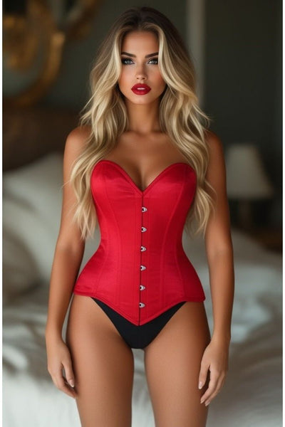Lavish Red Satin Overbust Corset Sweetheart Neckline Busk Closure - Daisy Corsets