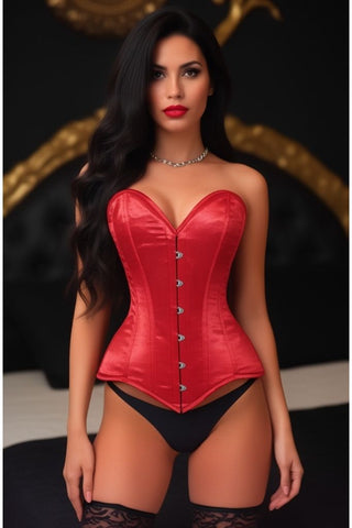 Lavish Red Satin Overbust Corset Sweetheart Neckline Busk Closure - Daisy Corsets