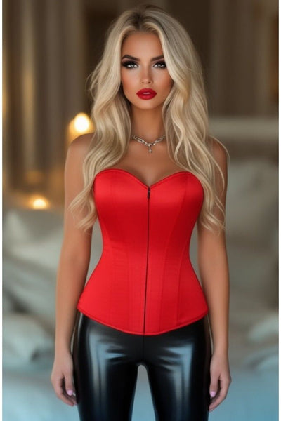 Lavish Red Satin Overbust Sweetheart Front Zipper Corset Top - Daisy Corsets