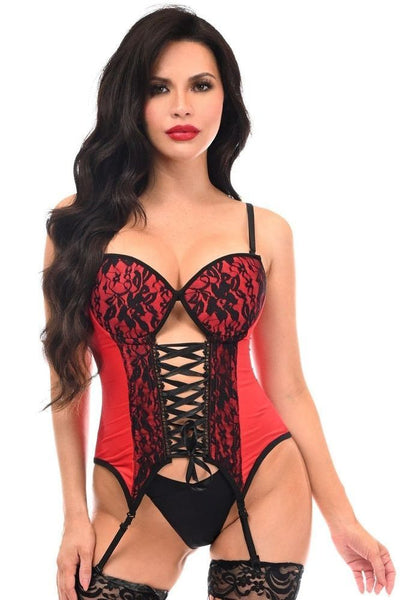 Lavish Red/Black Lycra & Lace Hook & Eye Lace - Up Bustier Corset w/Garters - Daisy Corsets