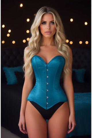 Lavish Teal Satin Overbust Corset Sweetheart Neckline Busk Closure - Daisy Corsets