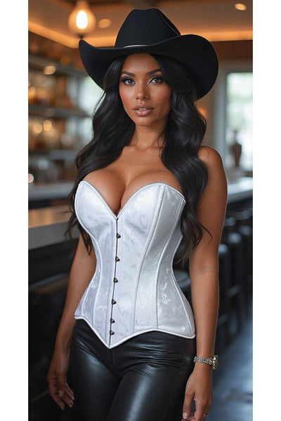 Lavish White Brocade Overbust Corset W/Busk Closure - Daisy Corsets