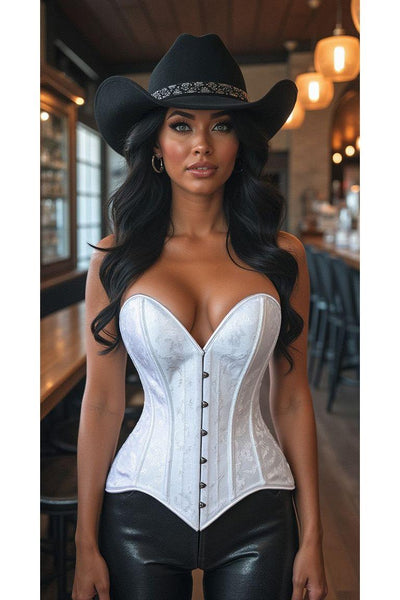 Lavish White Brocade Overbust Corset W/Busk Closure - Daisy Corsets