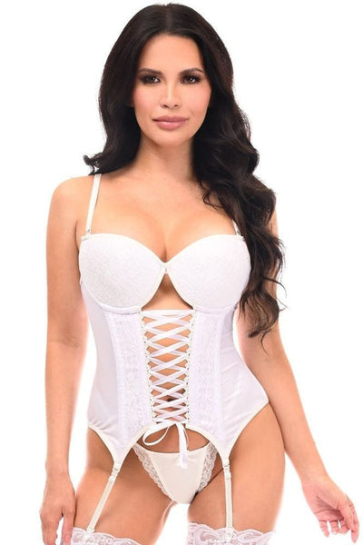 Lavish White Lycra & Lace Hook & Eye Lace - Up Bustier Corset w/Garters - Daisy Corsets