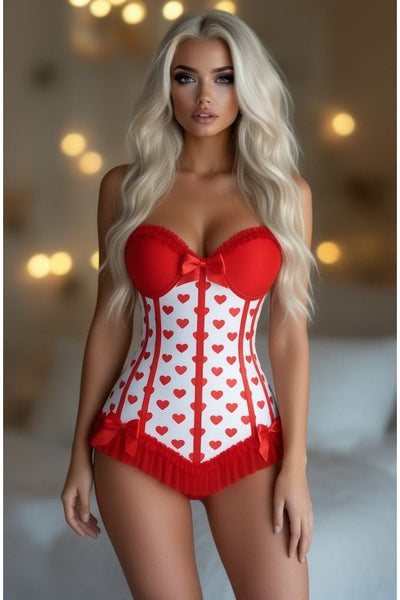 Lavish White & Red Hearts Lycra Hook & Eye Back Closure Bustier - Daisy Corsets