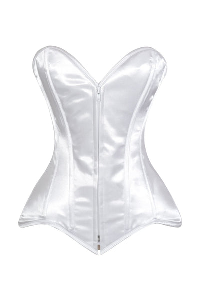 Lavish White Satin Front Zipper Overbust Corset - Daisy Corsets