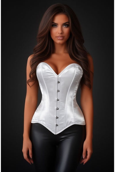 Lavish White Satin Overbust Corset Sweetheart Neckline Busk Closure - Daisy Corsets