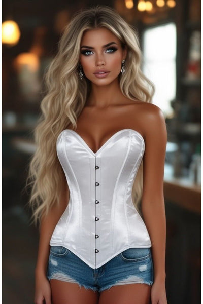 Lavish White Satin Overbust Corset Sweetheart Neckline Busk Closure - Daisy Corsets