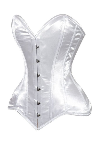 Lavish White Satin Overbust Corset Sweetheart Neckline Busk Closure - Daisy Corsets