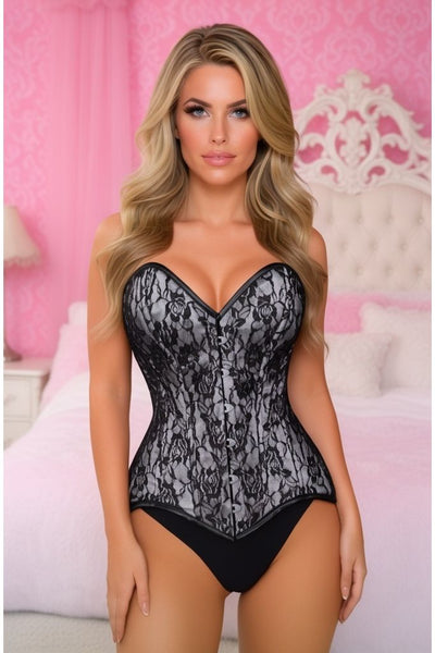 Lavish White/Black Lace Overbust Corset Sweetheart Neckline Busk Closure - Daisy Corsets