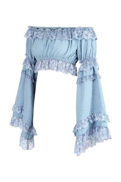 Light Blue Denim Smocked Flare Sleeve Peasant Top - Daisy Corsets