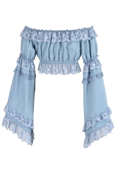 Light Blue Denim Smocked Flare Sleeve Peasant Top - Daisy Corsets