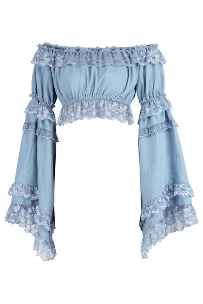 Light Blue Denim Smocked Flare Sleeve Peasant Top - Daisy Corsets