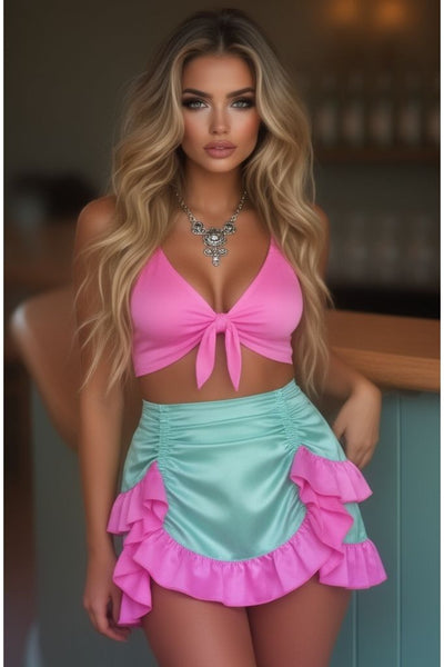 Mint/Pink Satin Ruched Bustle Skirt - Daisy Corsets