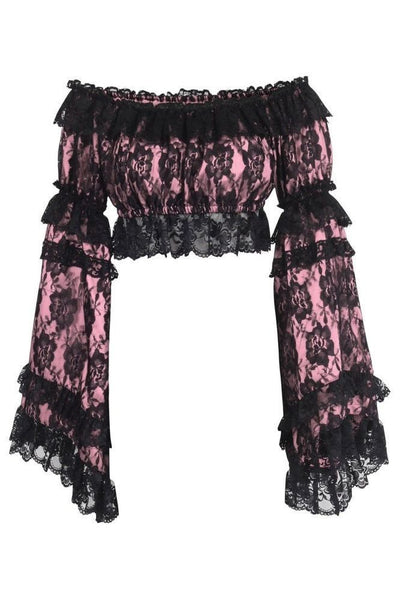 Pink/Black Lace Smocked Flare Sleeve Peasant Top - Daisy Corsets