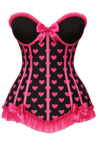 (PRE - ORDER) Lavish Black & Pink Hearts Lycra Hook & Eye Back Closure Bustier - Daisy Corsets