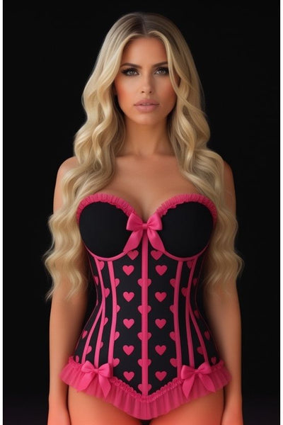 (PRE - ORDER) Lavish Black & Pink Hearts Lycra Hook & Eye Back Closure Bustier - Daisy Corsets