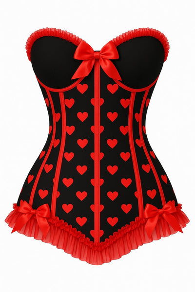 (PRE - ORDER) Lavish Black & Red Hearts Lycra Hook & Eye Back Closure Bustier - Daisy Corsets