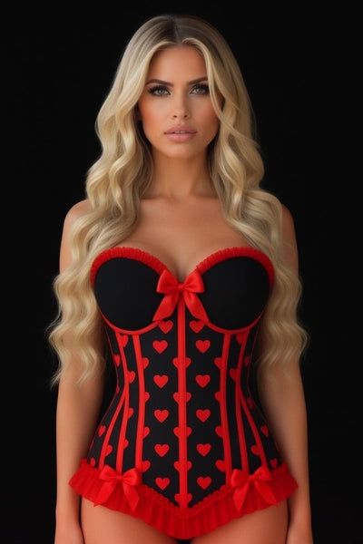 (PRE - ORDER) Lavish Black & Red Hearts Lycra Hook & Eye Back Closure Bustier - Daisy Corsets