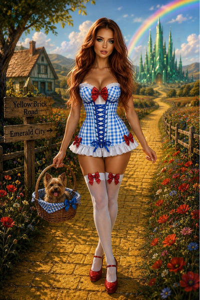 PRE-ORDER Lavish Blue Gingham w/Red Sequin Bows Stretch Lycra Bustier Corset with Underwire Cups - Daisy Corsets