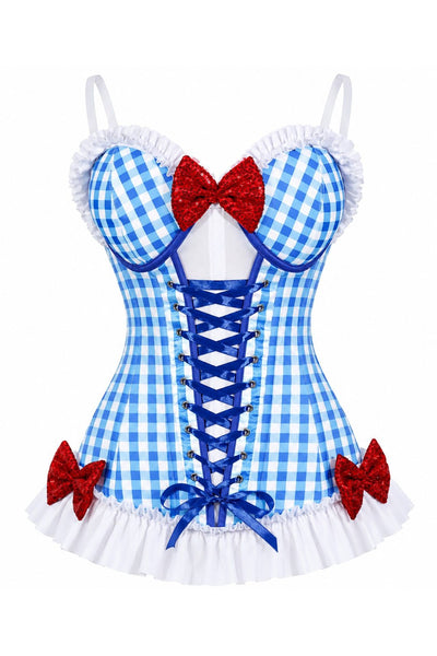 PRE-ORDER Lavish Blue Gingham w/Red Sequin Bows Stretch Lycra Bustier Corset with Underwire Cups - Daisy Corsets