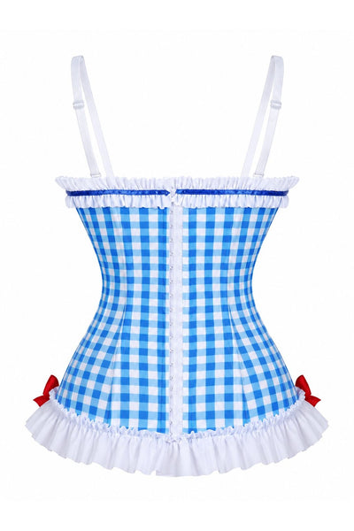 PRE-ORDER Lavish Blue Gingham w/Red Sequin Bows Stretch Lycra Bustier Corset with Underwire Cups - Daisy Corsets
