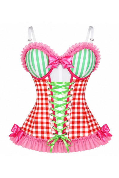 PRE-ORDER Lavish Red Gingham/Pink/Green/White Bustier Corset with Underwire Cups - Daisy Corsets