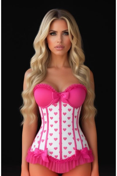 (PRE - ORDER) Lavish White & Pink Hearts Lycra Hook & Eye Back Closure Bustier - Daisy Corsets