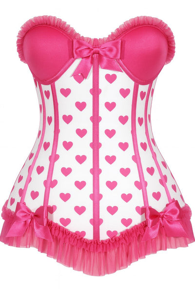 (PRE - ORDER) Lavish White & Pink Hearts Lycra Hook & Eye Back Closure Bustier - Daisy Corsets