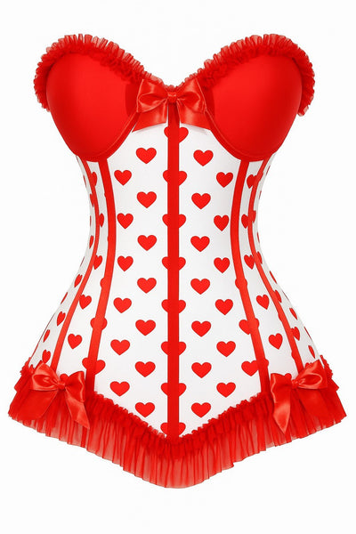 (PRE - ORDER) Lavish White & Red Hearts Lycra Hook & Eye Back Closure Bustier - Daisy Corsets