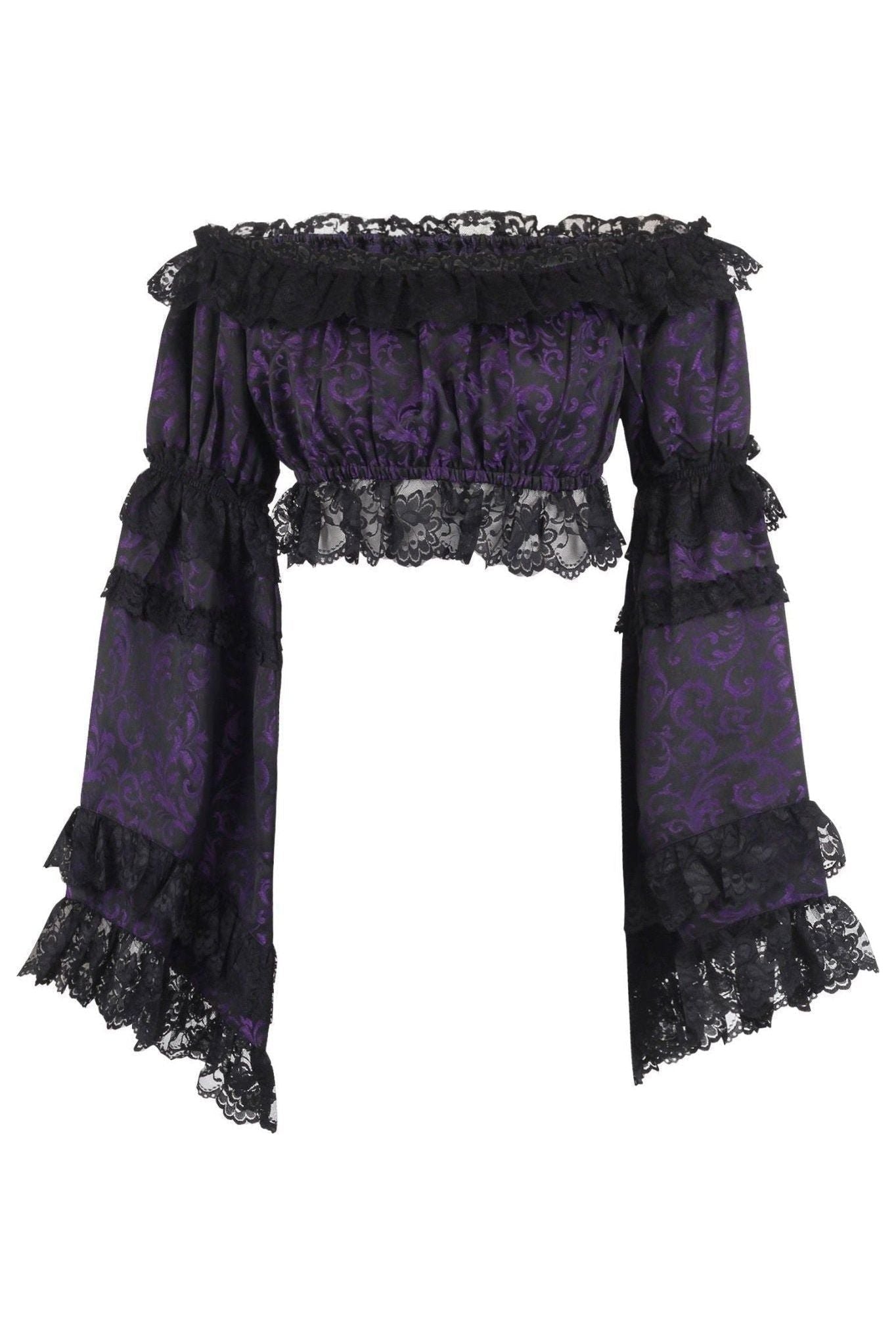 Purple/Black Brocade Smocked Flare Sleeve Peasant Top - Daisy Corsets