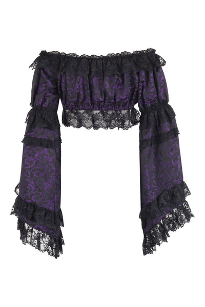 Purple/Black Brocade Smocked Flare Sleeve Peasant Top - Daisy Corsets