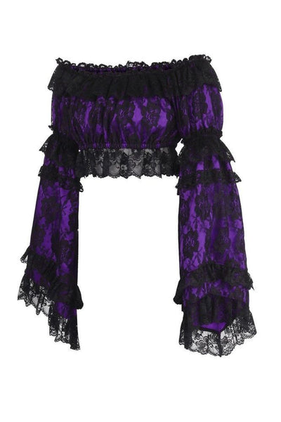 Purple/Black Lace Smocked Flare Sleeve Peasant Top - Daisy Corsets