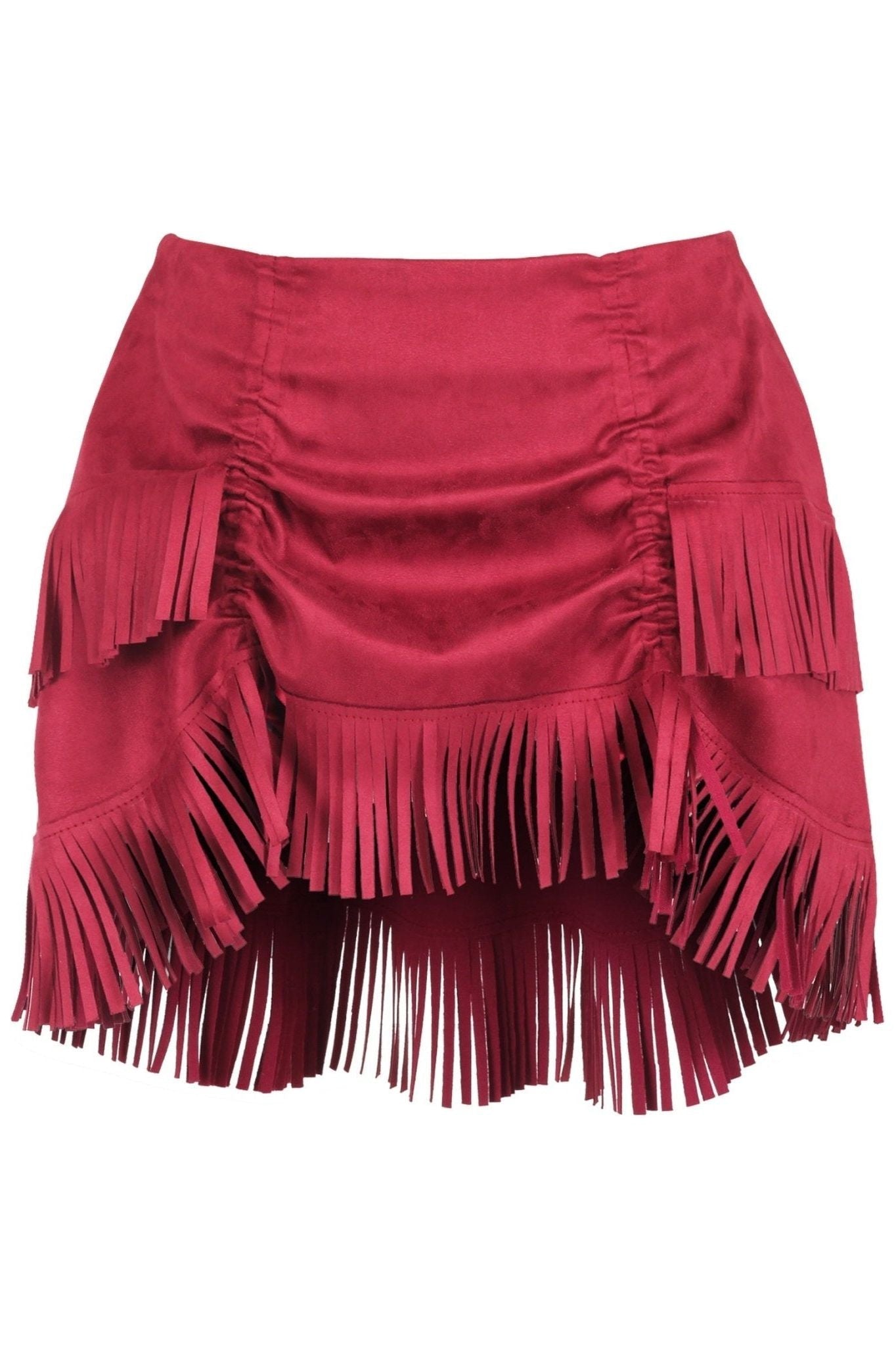 Red Suede Ruched Bustle Skirt w/Fringe - Daisy Corsets