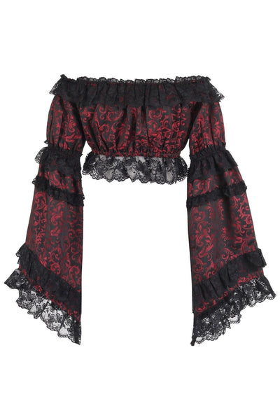 Red/Black Brocade Smocked Flare Sleeve Peasant Top - Daisy Corsets