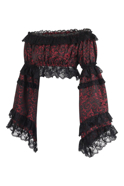 Red/Black Brocade Smocked Flare Sleeve Peasant Top - Daisy Corsets