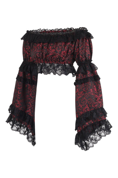 Red/Black Brocade Smocked Flare Sleeve Peasant Top - Daisy Corsets