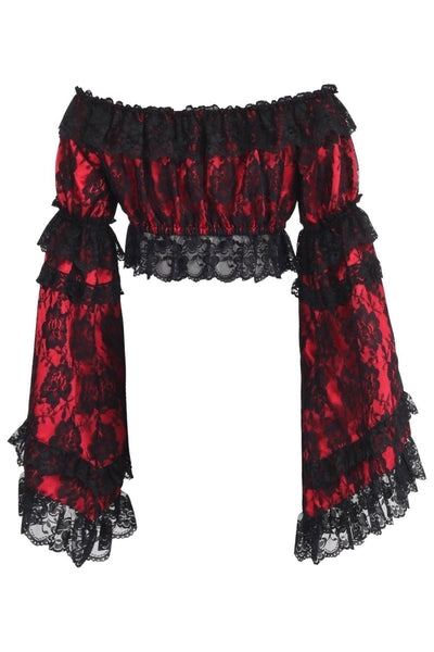 Red/Black Lace Smocked Flare Sleeve Peasant Top - Daisy Corsets