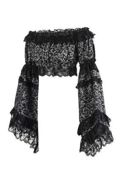 Silver/Black Brocade Smocked Flare Sleeve Peasant Top - Daisy Corsets